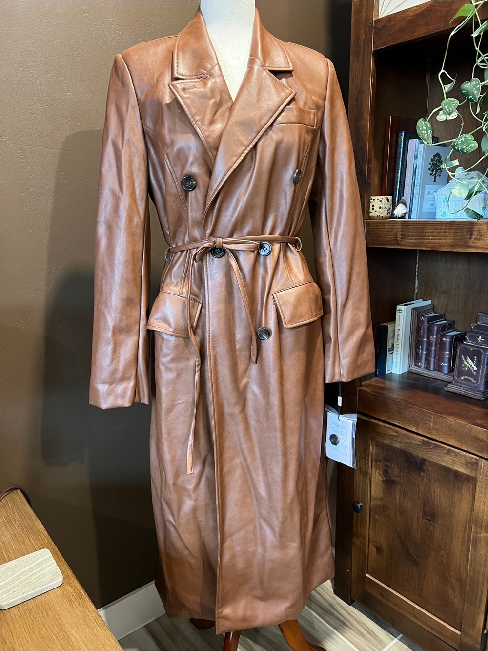 Anthropologie Cognac Faux Leather Double-Breasted Trench Coat